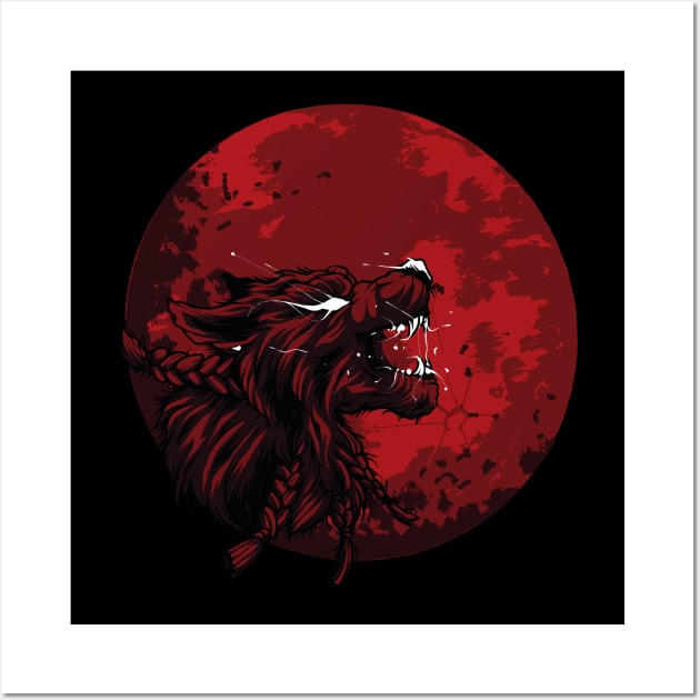 Wolf With Giant Blood Moon Wall Art by mutarek